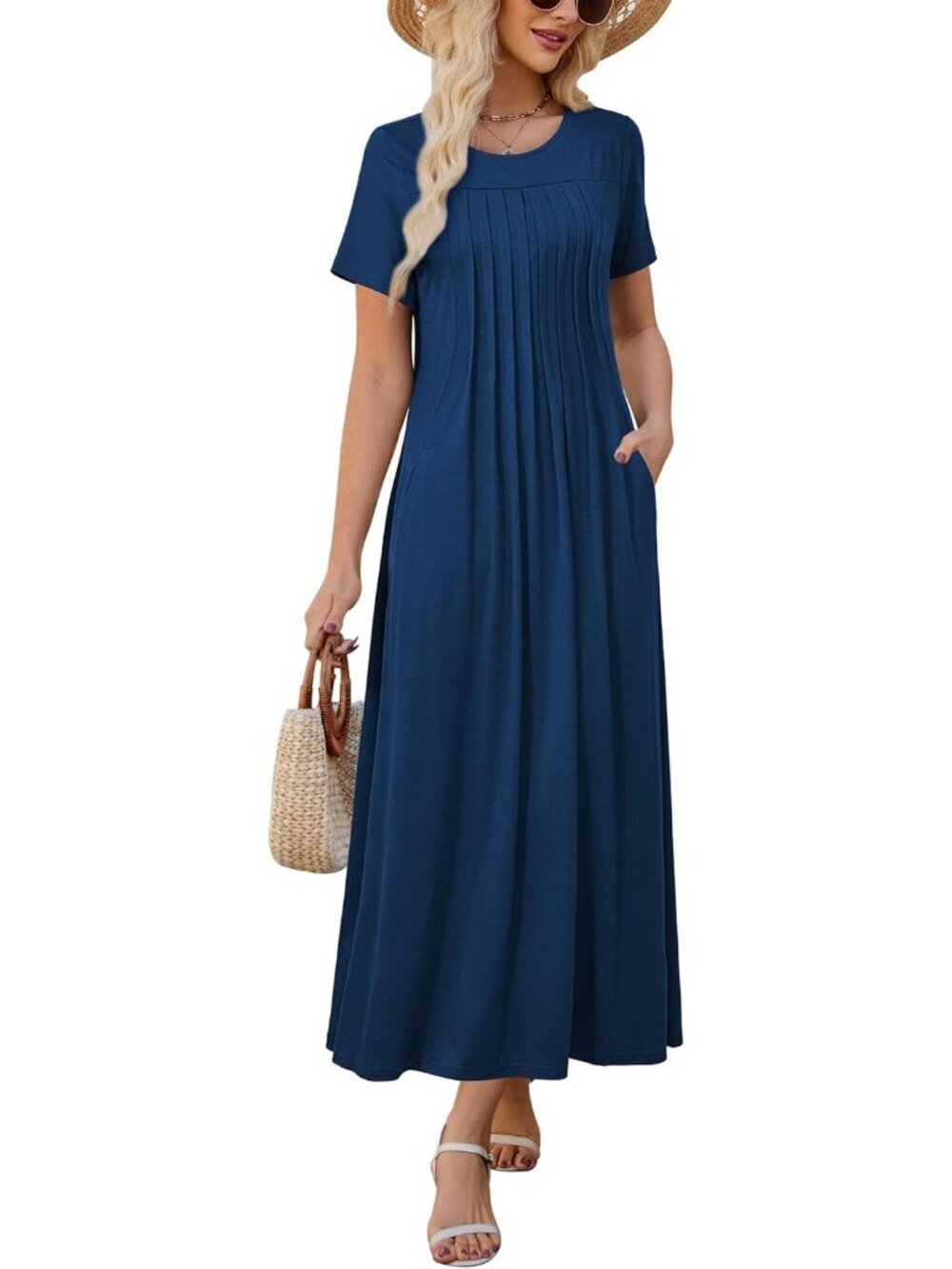 Women's Navy Summer Casual Short Sleeve Crewneck Pleated Flowy Beach Maxi Dress
